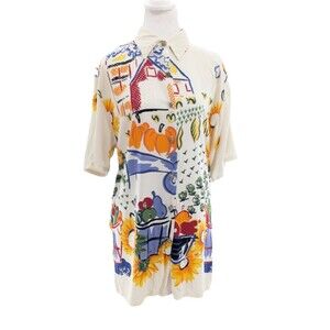 Kathie Lee Graphic Pumpkin Patch Fall Short Sleeve Button Shirt Blouse Size L/XL